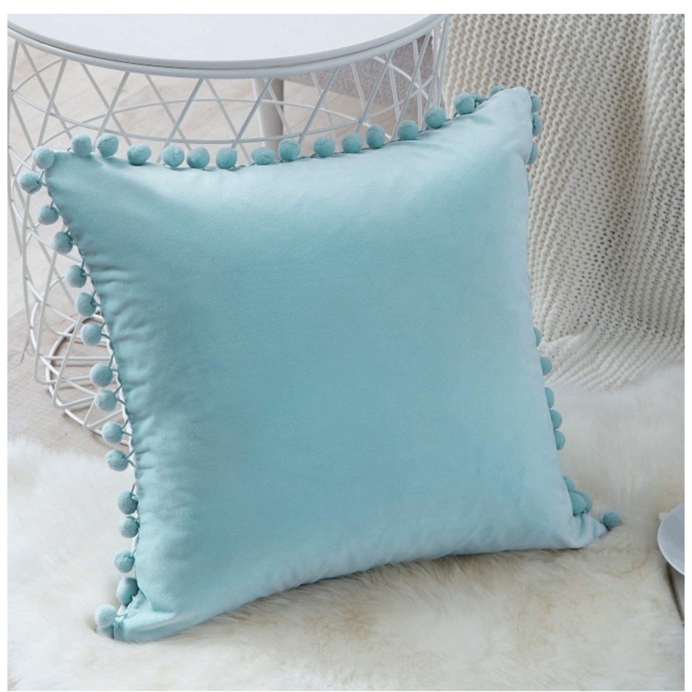Trendy Light Blue Modern Cute Velvet Pompom Throw Pillow Decorative Cover Set - Picture 3 of 16